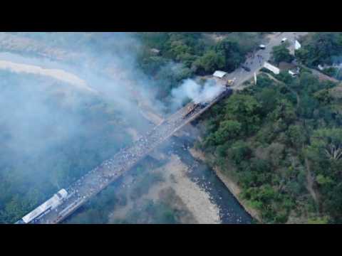 Drone images of burnt aid truck on Venezuela-Colombia border