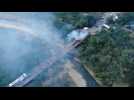 Drone images of burnt aid truck on Venezuela-Colombia border