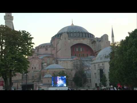 People gather outside Hagia Sophia for Eid al-Adha