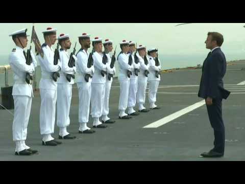 President Macron lands on French helicopter carrier Tonnerre in Beirut