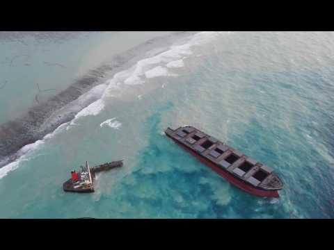 Aerial shots of the ship that has split in two off Mauritius