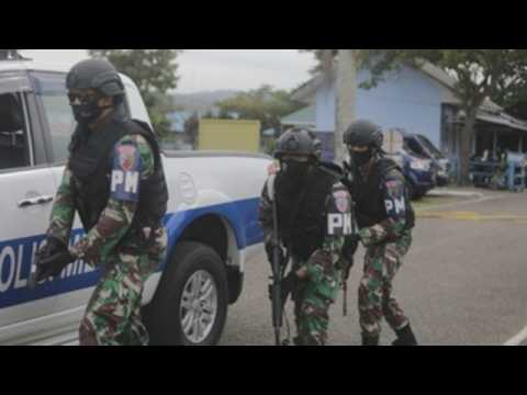 Indonesian Air force troops participate in a drill in Aceh