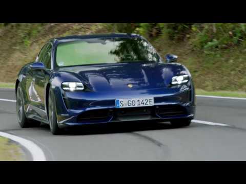 Porsche Taycan Turbo in Gentian Blue Metallic Driving Video