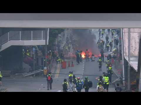 Barricade lit on fire in Hong Kong during anti-China rally