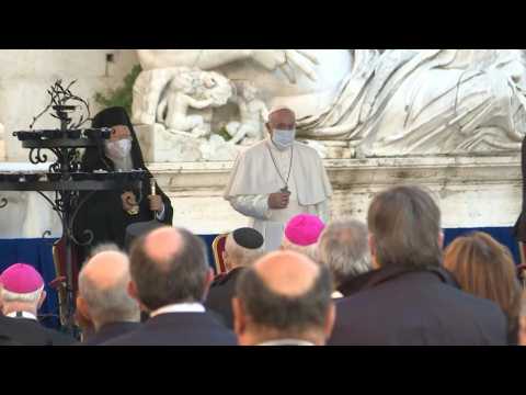 Pope Francis wearing face mask arrives at prayer for peace