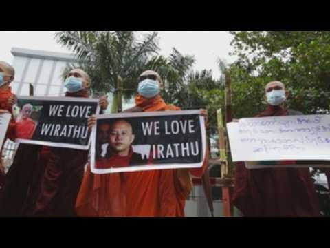 Supporters of ultranationalist Buddhist monk rally outside district court in Yangon