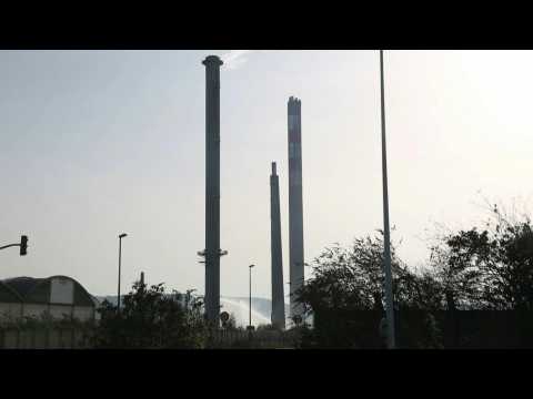 Chimneys destroyed at the former Petroplus refinery in France