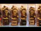 Chocolate Santa Clauses with face masks in Frankfurt