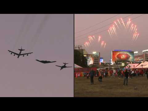 Air Force bombers perform flyover for the 55th Super Bowl