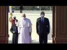 Pope Francis is welcomed by Iraqi President Barham Saleh at presidential palace