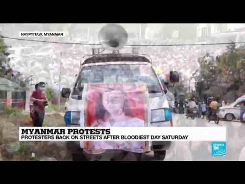 Myanmar protesters back on the streets a day after two were killed on Saturday