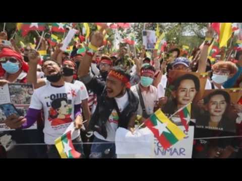 Myanmar citizens in Thailand protest military repression of demonstrators at home