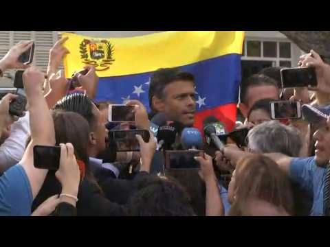 Leopoldo Lopez talks in front of the Spanish Embassy in Venezuela