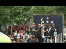 US Women's Soccer Team celebrate with champagne ahead of victory parade