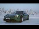 Porsche Taycan 4S in Mamba Green Ice Driving