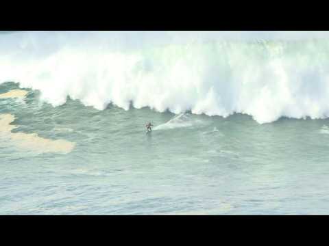 Surfer Justine Dupont reacts to record waves in Portugal