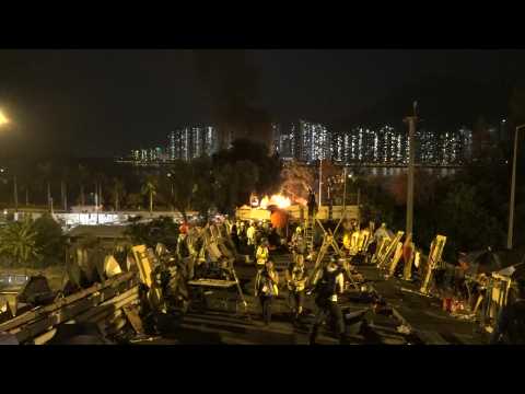 Hong Kong protesters set a van on fire