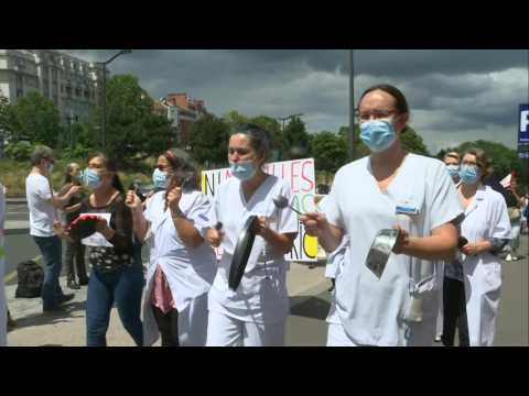 Health workers protest outside Robert-Debré hospital in Paris
