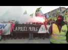Striking railway workers demonstrate at Gare de Lyon in Paris against pension reform