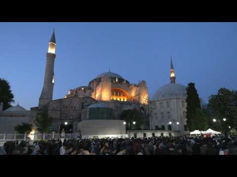Erdogan's supporters pray outside Istanbul's iconic Hagia Sophia mosque