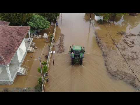 Aerial shots of flooded village in Greece following Storm Elias