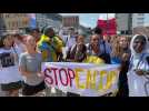 Greta Thunberg and other activists march against fossil fuel funding in Bonn, Germany