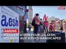 Manifestation de soutien aux accompagnantes d'élèves en situation de handicap (AESH) devant le rectorat d'Amiens, le 13 juin 2023, appelées à faire grève pour « obtenir un vrai statut » et sortir de la précarité.
