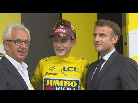 President Macron takes part in podium ceremony on Tour de France stage 6