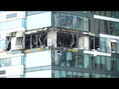 View of damaged building in Moscow after drone attack
