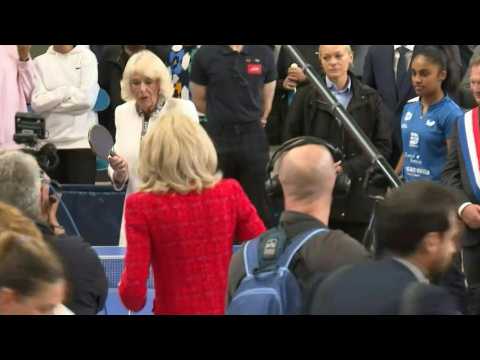 Queen Camilla plays ping-pong with French First Lady