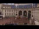 King Charles III and Queen Consort Camilla in carriage along Whitehall
