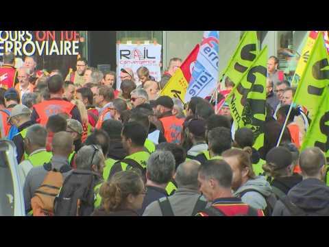Employees protest outside headquarters of rail group Fret SNCF