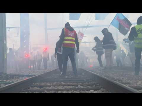 Demonstrators on the tracks of the Gare de Lyon in Paris to protest against pension reform