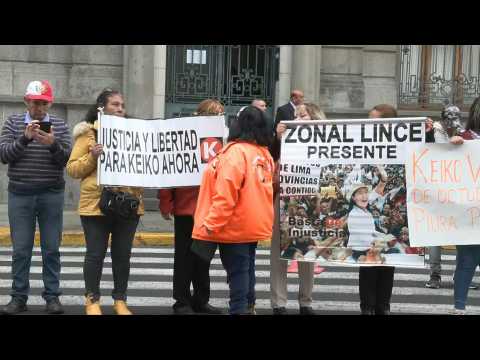 Supporters of Peru Keiko Fujimori outside court ahead of Odebrecht trial kick off