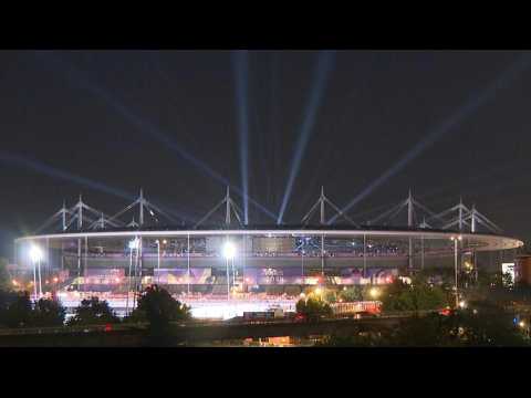 Light show over Stade de France during Paris Olympics closing ceremony