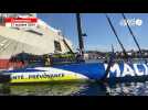 VIDÉO. Charlie Dalin quitte le port de Concarneau pour rejoindre le village du Vendée Globe 2024