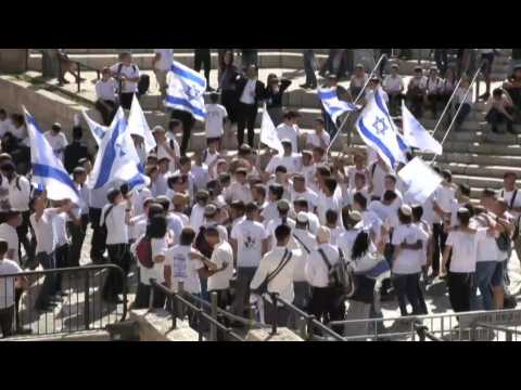 Jewish nationalists gather near Damascus Gate on Jerusalem Day