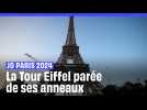 JO de Paris 2024 : Les cinq anneaux olympiques accrochés sur la Tour Eiffel