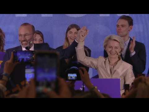 Ursula von der Leyen celebrates projected EPP victory in Brussels