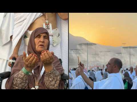 Pilgrims pray and stand at top of Mount Arafat for hajj climax