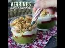 Verrines végétariennes: crème de petit pois, crumble de parmesan et crème au mascarpone
