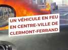 Faits divers - Une voiture détruite par le feu devant un supermarché dans le quartier Fontgiève, à Clermont-Ferrand