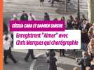 Cécilia Cara et Damien Sargue qui enregistrent "Aimer" sur la place des Abbesses avec Chris Marques en chorégraphe