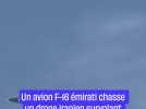 Un avion F-16 émirati chasse un drone iranien survolant une plage de Dubaï